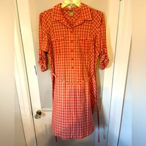 Duluth Trading Co orange/salmon colored button-up plaid shirt dress